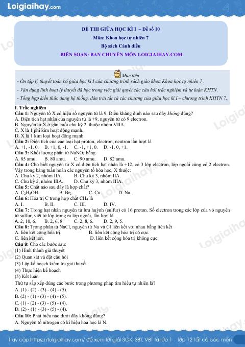 Đề thi giữa kì 1 KHTN 7 Cánh diều - Đề số 10